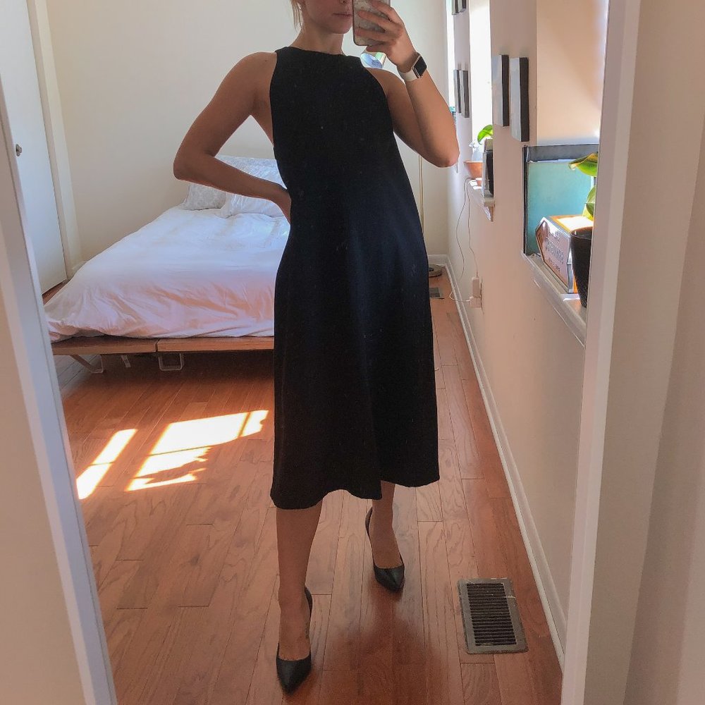 KAAREM Linen Blend Radial V Back Aline Midi Dress